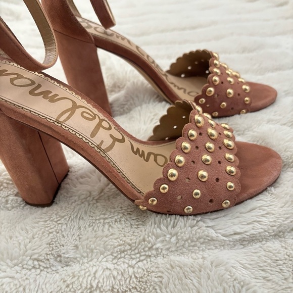 Sam Edelman Suede Leather Studded Open Toe Chunky Heels Size 8 - Picture 5 of 16